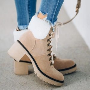 Conquest Heeled Sherpa Lace Up Booties from Vici.